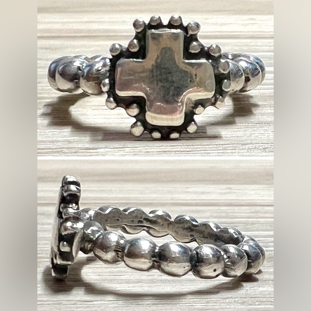 Designer Dian Malouf Sterling Silver Beaded Shank Cross Eternity Ring, Size 6.75